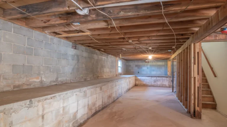 Unfinished basement with concrete block foundation walls and exposed wood joists