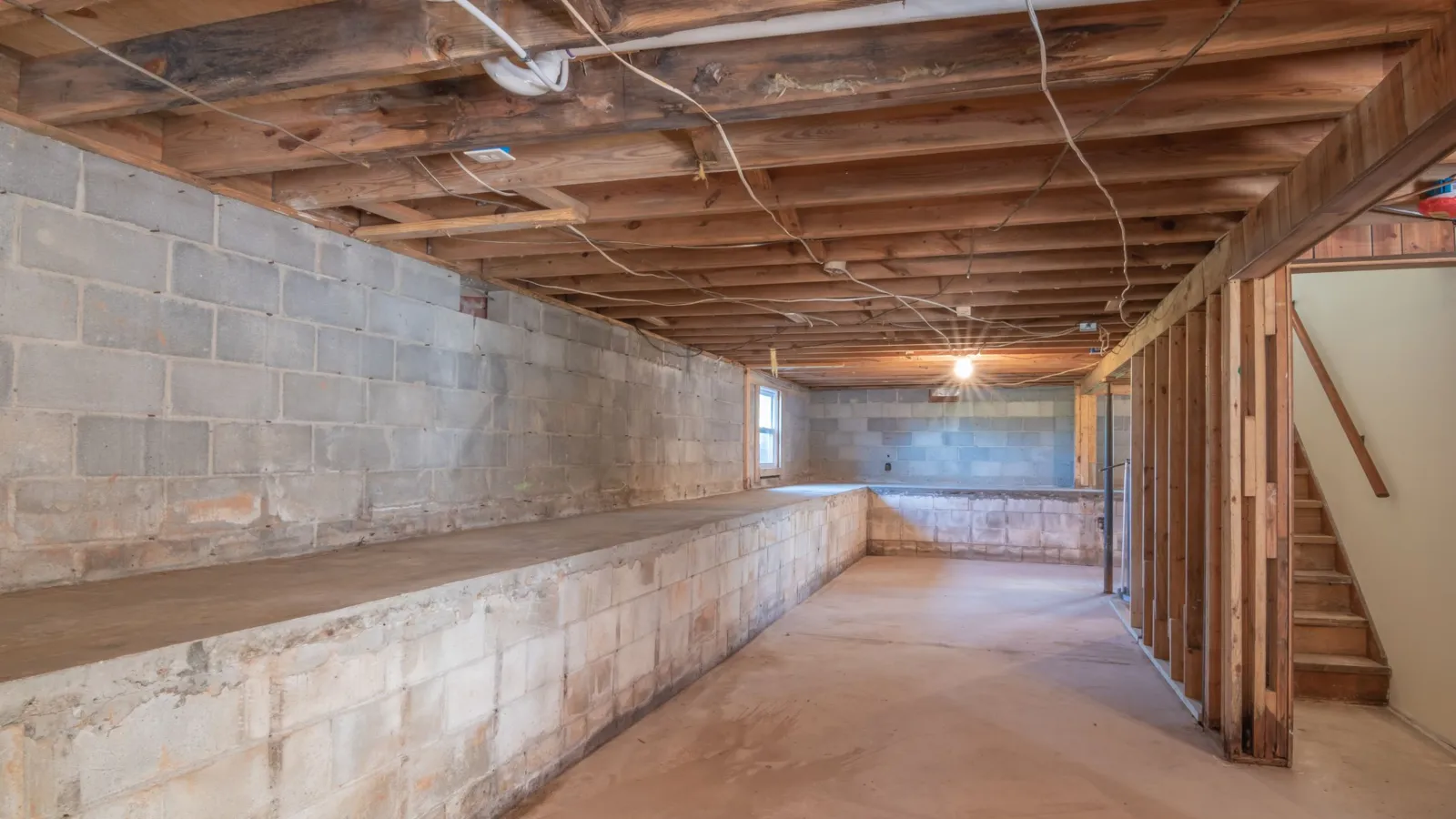 Unfinished basement with concrete block foundation walls and exposed wood joists