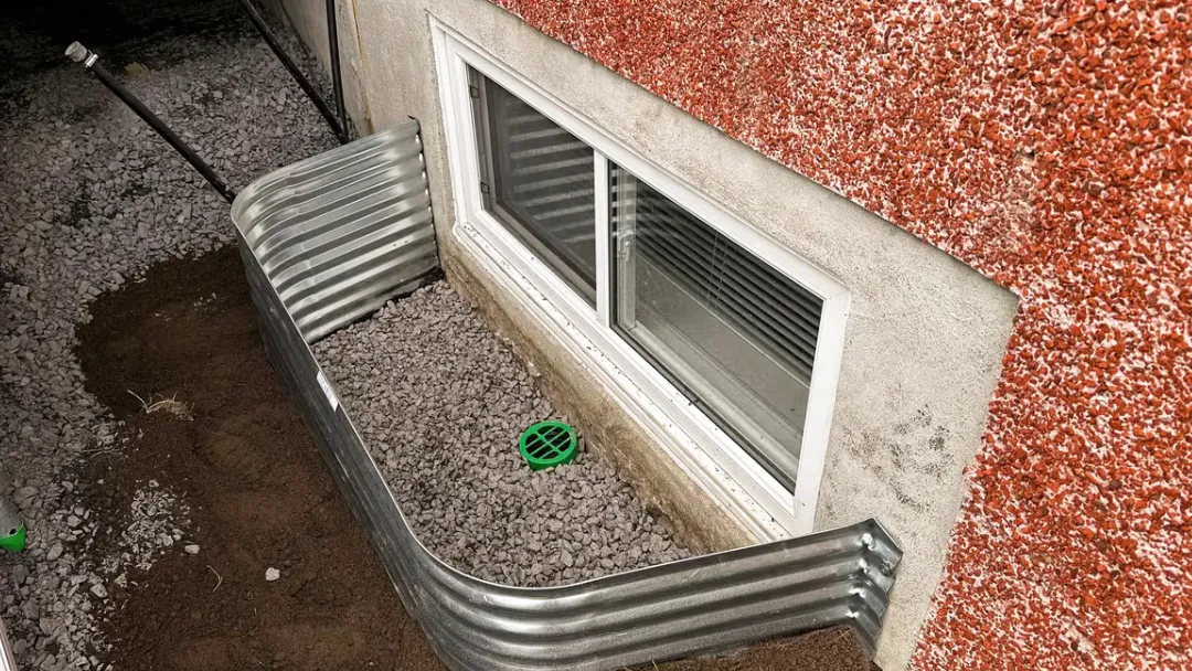 Fenêtre de sous-sol avec margelle en acier ondulé, fond de gravier et drain