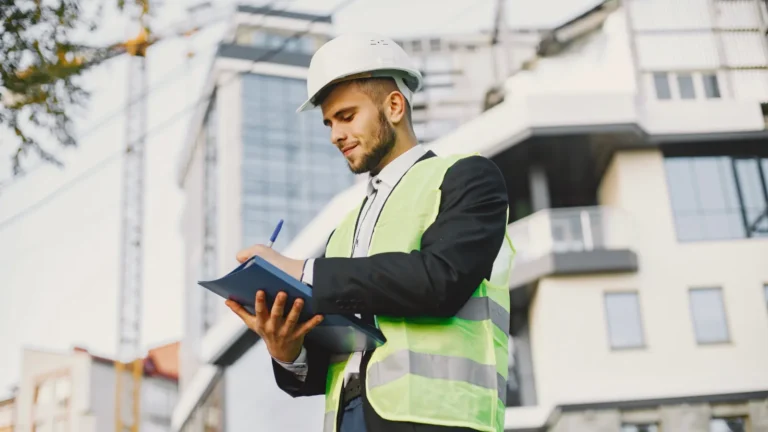 Ingénieur en structure avec casque et gilet qui prend des notes lors de l’inspection d’un bâtiment