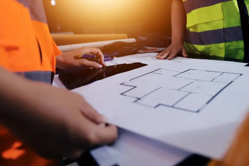 Plans d’ingénieur en structure étalés sur une table pendant le suivi des travaux
