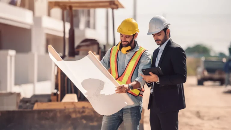 Ingénieur en structure et entrepreneur qui consultent des plans sur un chantier résidentiel